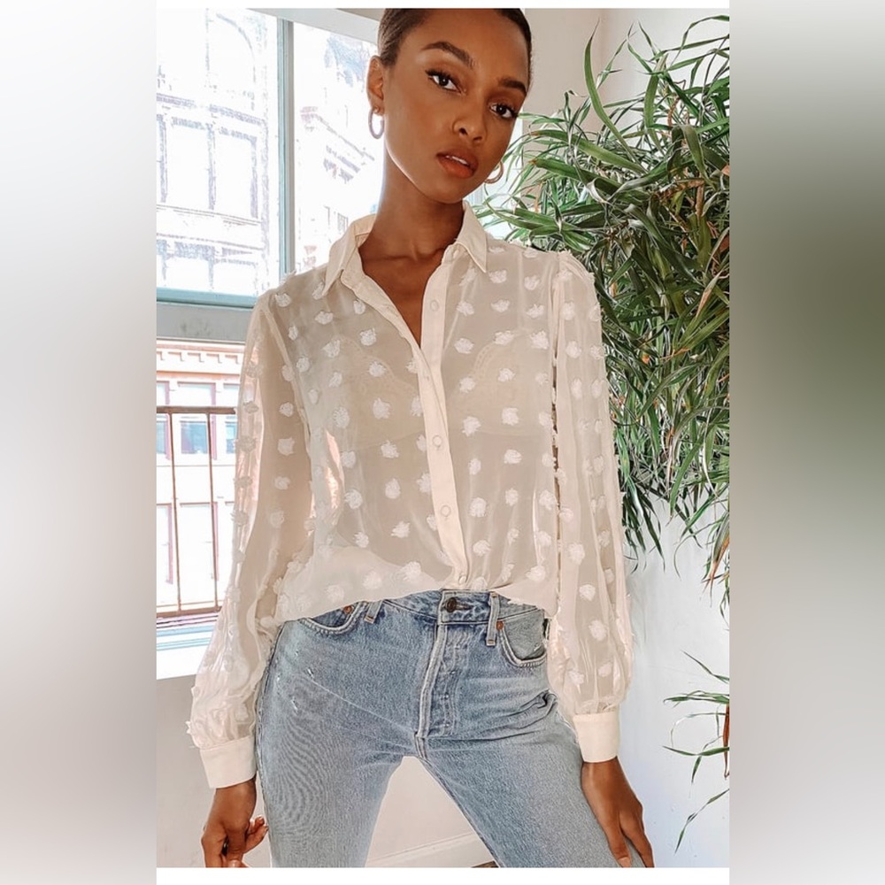 Lulus secret spot cream dotted sheer long sleeve button-up top
